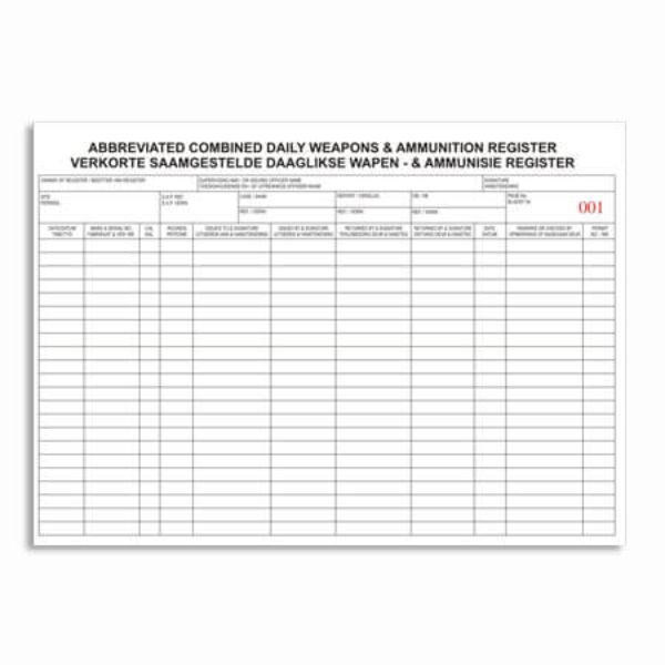 Abbreviated Combined Daily Weapons & Ammunition Register (Numbered)